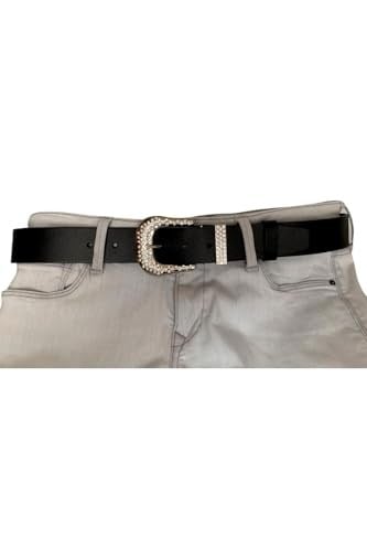 %100 Hakiki Deri, Gümüş Taşlı Tokalı, Metal Taşlı Köprülü Siyah Kadın Kot Kemeri 4 cm; Siyah-DUZ-İYİ-byn-66