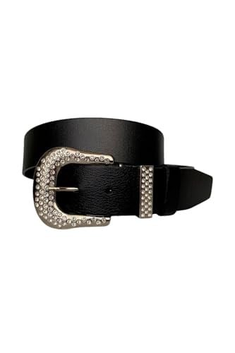 %100 Hakiki Deri, Gümüş Taşlı Tokalı, Metal Taşlı Köprülü Siyah Kadın Kot Kemeri 4 cm; Siyah-DUZ-İYİ-byn-66
