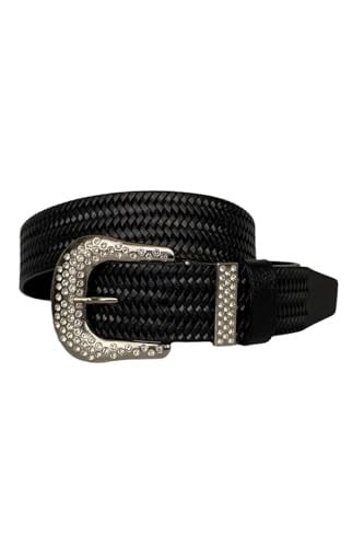 %100 Hakiki Deri, Gümüş Taşlı Tokalı, Metal Taşlı Köprülü Siyah Kadın Kot Kemeri 4 cm; Siyah.-ORGULU-byn-66