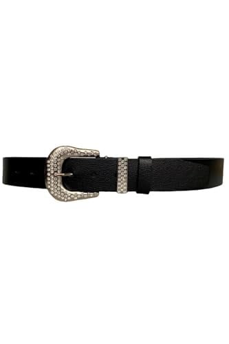 %100 Hakiki Deri, Gümüş Taşlı Tokalı, Metal Taşlı Köprülü Siyah Kadın Kot Kemeri 4 cm; Siyah-DUZ-İYİ-byn-66