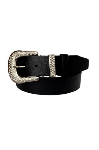 %100 Hakiki Deri, Gümüş Taşlı Tokalı, Metal Taşlı Köprülü Siyah Kadın Kot Kemeri 4 cm; Siyah-DUZ-İYİ-byn-66