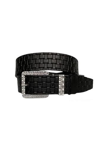%100 Hakiki Deri, Gümüş Tokalı, Metal Köprülü Siyah Desenli Kadın Kot Kemeri 4 cm; Siykare-byn-62