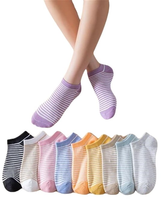 10lu Çizgili Renkli Ekonomik Paket Unisex Kısa Spor Sneakers Çorap Tek Beden