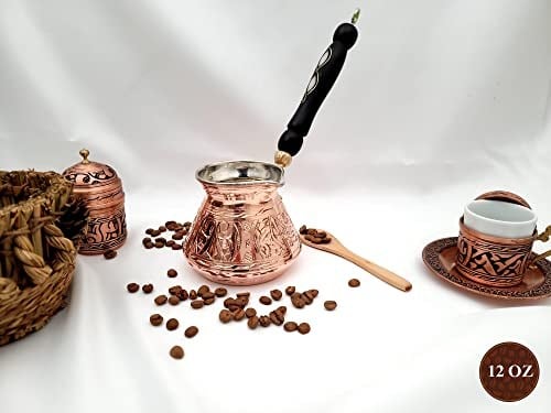 12oz Bakır Türk Yunan Arapça Cezve Servet Uygulaması ve Ahşap Saplı (4 bardak), Cezve Türk Cezvesi, İbrik, Briki Yunan Cezvesi, Dövülmüş Türk Kahvesi Makinesi