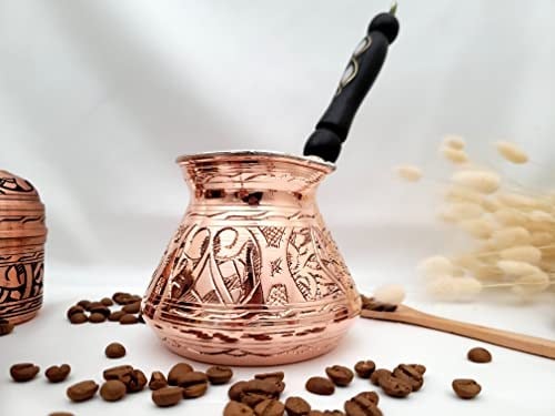 12oz Bakır Türk Yunan Arapça Cezve Servet Uygulaması ve Ahşap Saplı (4 bardak), Cezve Türk Cezvesi, İbrik, Briki Yunan Cezvesi, Dövülmüş Türk Kahvesi Makinesi