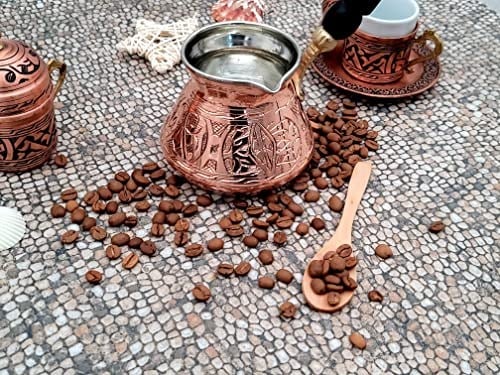 12oz Bakır Türk Yunan Arapça Cezve Servet Uygulaması ve Ahşap Saplı (4 bardak), Cezve Türk Cezvesi, İbrik, Briki Yunan Cezvesi, Dövülmüş Türk Kahvesi Makinesi