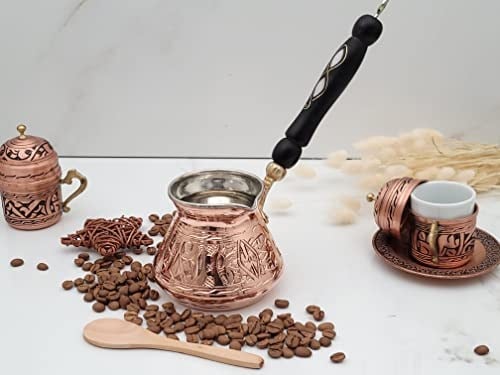 12oz Bakır Türk Yunan Arapça Cezve Servet Uygulaması ve Ahşap Saplı (4 bardak), Cezve Türk Cezvesi, İbrik, Briki Yunan Cezvesi, Dövülmüş Türk Kahvesi Makinesi