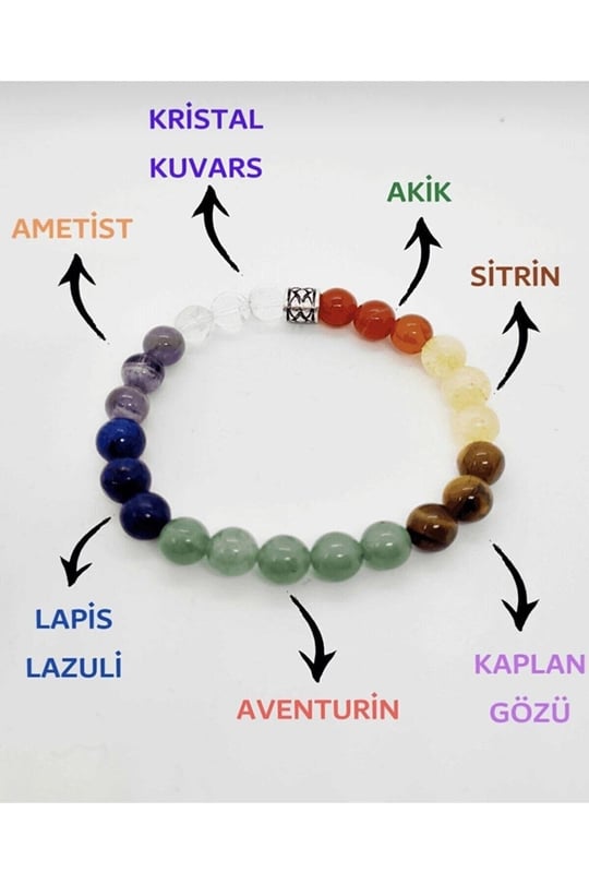 (1543) Kristal Kuvars Ametist Lapis Dönüşümlü Sitrin Kaplan Gözü Akik Doğal Taş Bileklik 8 Mm Çok Renkli 18