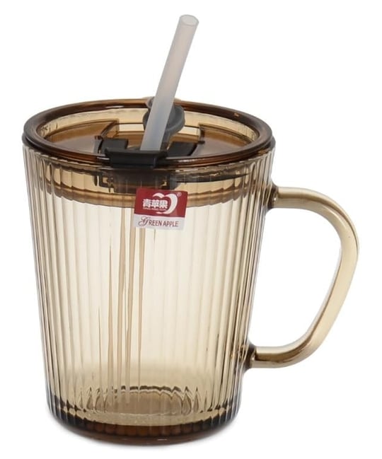 2 Adet Kapaklı Pipetli Cam Kupa Bardak Çay Kahve Meşrubat Tatlı Bardağı Kahverengi 370 ml