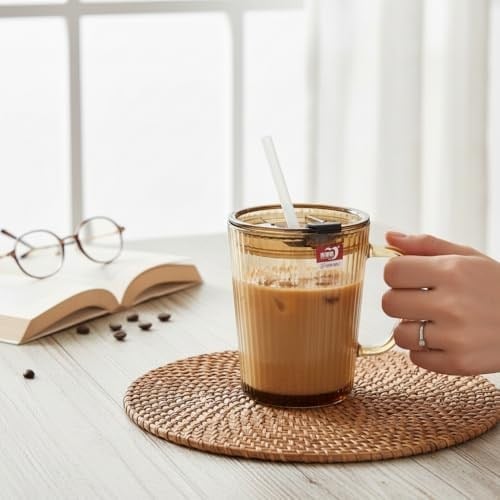 2 Adet Kapaklı Pipetli Cam Kupa Bardak Çay Kahve Meşrubat Tatlı Bardağı Kahverengi 370 ml