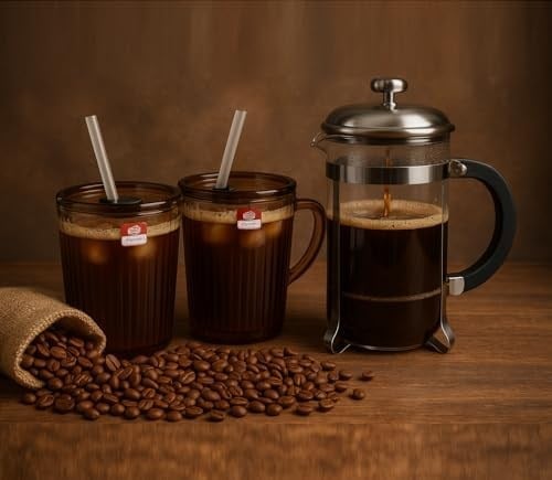 2 Adet Kapaklı Pipetli Cam Kupa Bardak Çay Kahve Meşrubat Tatlı Bardağı Kahverengi 370 ml