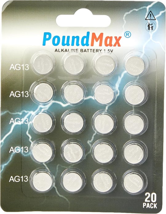 20 X PoundMax LR44 AG13 1,5 V PoundMax Alkalin Düğme Pil, Cıvasız, Sızdırmaz, Uzun Süreli Dayanıklılık, Oyuncaklar, Ölçüm Cihazları ve Hesap Makineleri için A76, G13, L1154, SR44, G13A ile Uyumlu