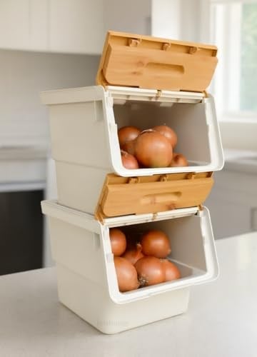 2li Bambu Patates Soğan Sepeti Tekerlekli Kapaklı Havalandırmalı 24 Litre Sebzelik Organizer