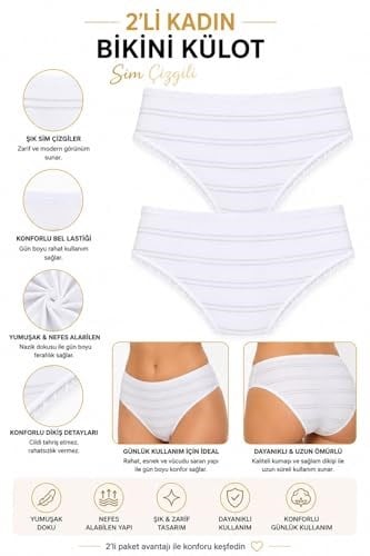 2li Kadın Sim Çizgili Bikini Külot Yüksek Bel İnce Lastik Ekonomik