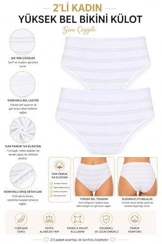 2li Kadın Sim Çizgili Bikini Külot Yüksek Bel İnce Lastik Ekonomik