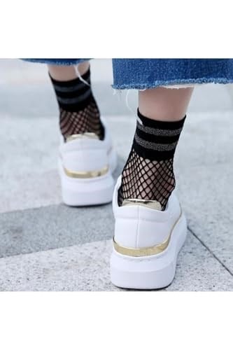 2li Simli Siyah ve Beyaz File Fishnet Soket Kadın Çorap Siyah/Beyaz 36-39