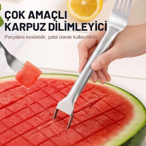 2si 1 Arada Karpuz Dilimleyici ve Çatal, Paslanmaz Çelik, Ergonomik Saplı, Küp Kesim Özellikli