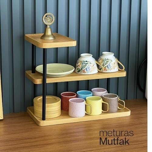 3 Katlı Bambu Mutfak Rafı, Metal Ayaklı, Doğal Bambu ve Siyah Renk, Modern Tasarım, 32.5x28x15.5 cm, Mutfak Düzenleyici, Tezgah Üstü Depolama Standı