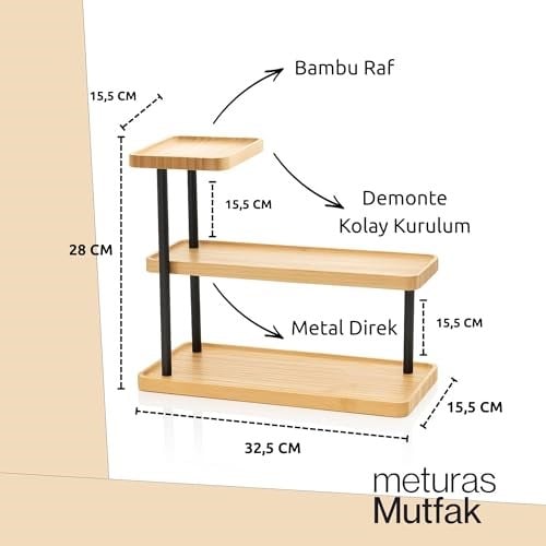 3 Katlı Bambu Mutfak Rafı, Metal Ayaklı, Doğal Bambu ve Siyah Renk, Modern Tasarım, 32.5x28x15.5 cm, Mutfak Düzenleyici, Tezgah Üstü Depolama Standı