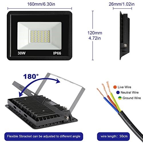 30W LED spot, dış mekan 3000lm LED duvar spot lambası, dış mekan spot ışığı, soğuk beyaz 6000 K su geçirmez IP66 LED ışıklı spot, atölye garaj bahçe için