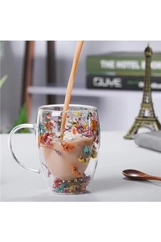 350 ml Isıya Dayanıklı Borosilikat Çift Çidarlı Flower Cup Bardak Çiçekli Kahve Sunum Bardağı