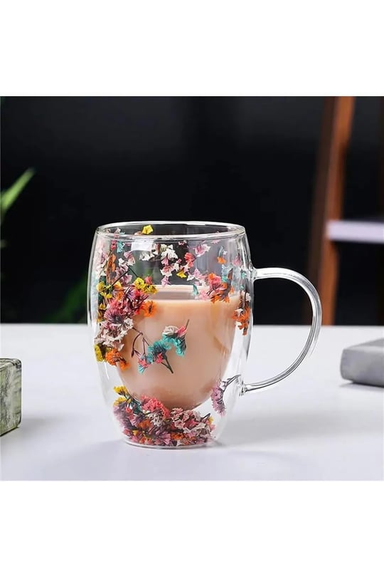350 ml Isıya Dayanıklı Borosilikat Çift Çidarlı Flower Cup Bardak Çiçekli Kahve Sunum Bardağı
