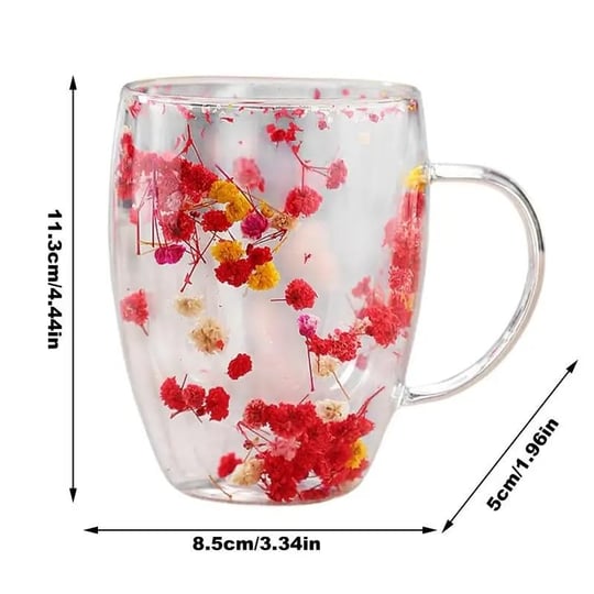 350 ml Isıya Dayanıklı Borosilikat Çift Çidarlı Flower Cup Bardak Çiçekli Kahve Sunum Bardağı
