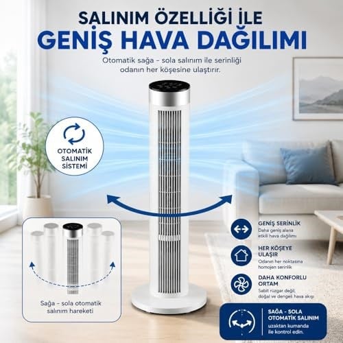 39 İnç Kule Tipi Vantilatör, Uzaktan Kumandalı, 45W Güçlü Motor, 3 Hız Kademesi, 3 Modlu, LED Dokunmatik Ekran, Salınımlı, Sessiz Çalışma, 7.5 Saat Zamanlayıcı, Beyaz
