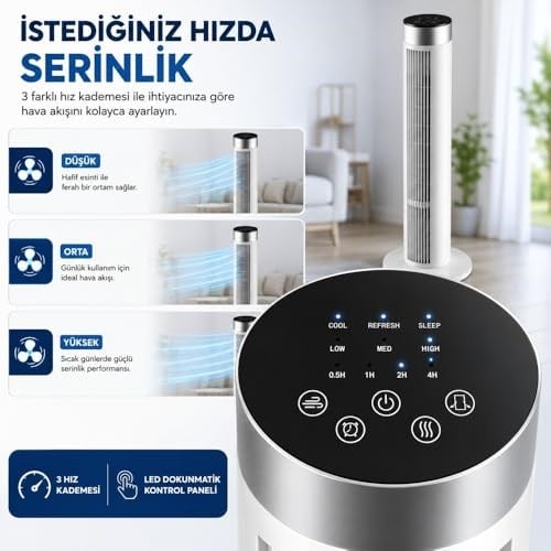 39 İnç Kule Tipi Vantilatör, Uzaktan Kumandalı, 45W Güçlü Motor, 3 Hız Kademesi, 3 Modlu, LED Dokunmatik Ekran, Salınımlı, Sessiz Çalışma, 7.5 Saat Zamanlayıcı, Beyaz