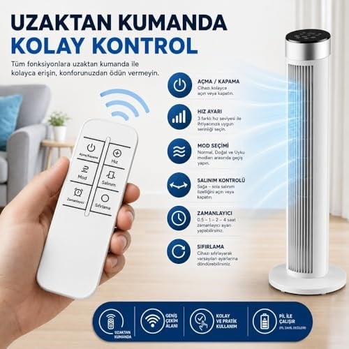 39 İnç Kule Tipi Vantilatör, Uzaktan Kumandalı, 45W Güçlü Motor, 3 Hız Kademesi, 3 Modlu, LED Dokunmatik Ekran, Salınımlı, Sessiz Çalışma, 7.5 Saat Zamanlayıcı, Beyaz
