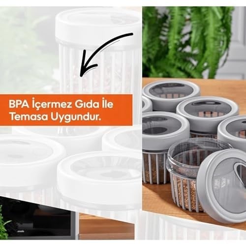 3lü Çevir Aç Kapak Kavanoz Plastik Saklama Kabı Seti, Büyük, Orta, Küçük, 3 Boy (BEJ)