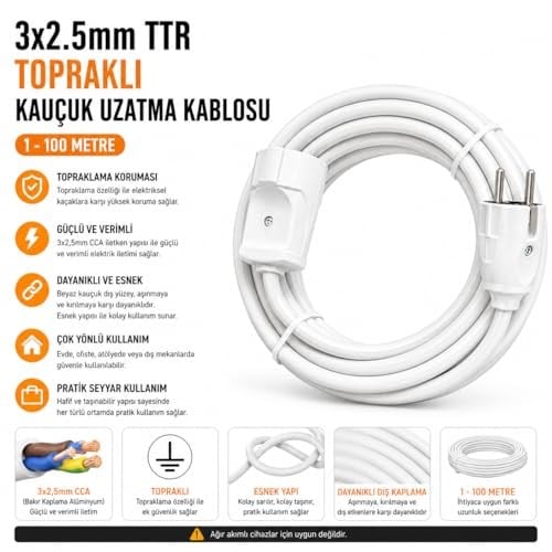 3x2.5mm TTR Tekli Beyaz Topraklı Kauçuk Uzatma Kablosu (15 METRE) - Seçenekler: 1 METRE, 2 METRE, 3 METRE, 4 METRE, 5 METRE, 10 METRE...