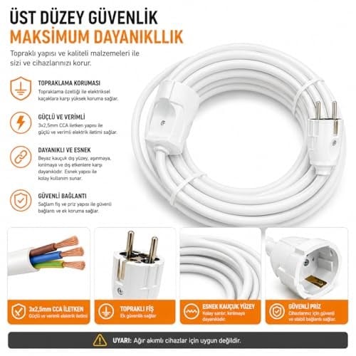 3x2.5mm TTR Tekli Beyaz Topraklı Kauçuk Uzatma Kablosu (15 METRE) - Seçenekler: 1 METRE, 2 METRE, 3 METRE, 4 METRE, 5 METRE, 10 METRE...