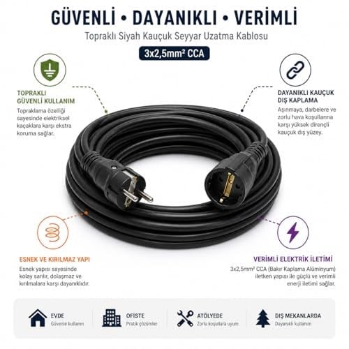 3x2.5mm TTR Topraklı Siyah Kauçuk Seyyar Uzatma Kablosu (20 METRE) - Seçenekler: 1 METRE, 2 METRE, 3 METRE, 4 METRE, 5 METRE, 10 METRE...