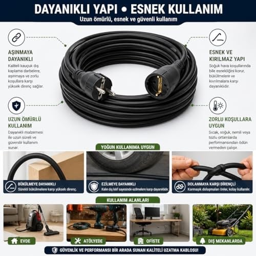 3x2.5mm TTR Topraklı Siyah Kauçuk Seyyar Uzatma Kablosu (20 METRE) - Seçenekler: 1 METRE, 2 METRE, 3 METRE, 4 METRE, 5 METRE, 10 METRE...