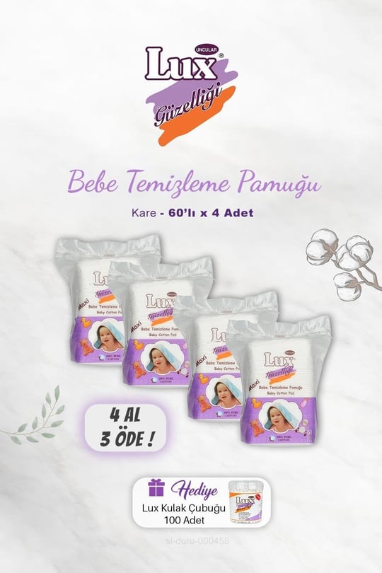 4 AL 3 ÖDE Lux Kare Bebe Temizleme Pamuğu 60 lı, Kulak Çubuğu Hediyeli