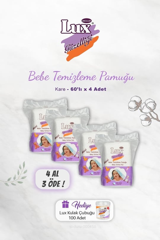 4 AL 3 ÖDE Lux Kare Bebe Temizleme Pamuğu 60 lı, Kulak Çubuğu Hediyeli