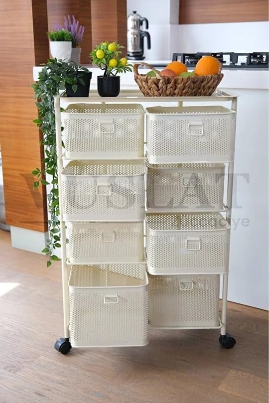 4 Katlı 8 Bölmeli Tekerlekli Metal Sebzelik-Krem
