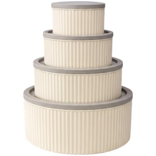 4 Lü Yuvarlak Saklama Kabı Seti Çizgili Desenli BPA İçermez 3 LT 1.8 LT 1 LT 0,55 LT Buzdolabı Düzenleyici Mikrodalga ve Derin Dondurucu Uyumlu BPA İçermez Sağlıklı Erzak Kabı (KREM YUVARLAK 4 LÜ SET)
