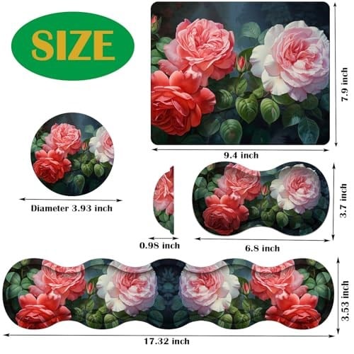 4ü 1 arada Mouse Pad Combo, Oyun Mouse Pad + Klavye Bilek Desteği + Fare Bilek Desteği + Bardak Altlığı, Dikişli Kenarlı Masa Pedi Ergonomik Bilek Pedi Seti, Kırmızı ve Beyaz Şakayık