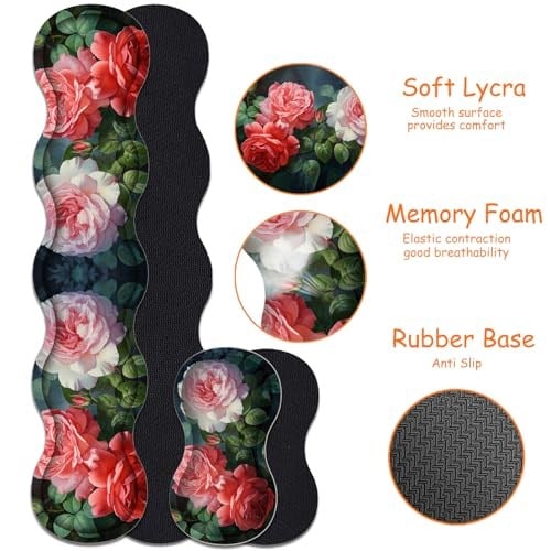 4ü 1 arada Mouse Pad Combo, Oyun Mouse Pad + Klavye Bilek Desteği + Fare Bilek Desteği + Bardak Altlığı, Dikişli Kenarlı Masa Pedi Ergonomik Bilek Pedi Seti, Kırmızı ve Beyaz Şakayık