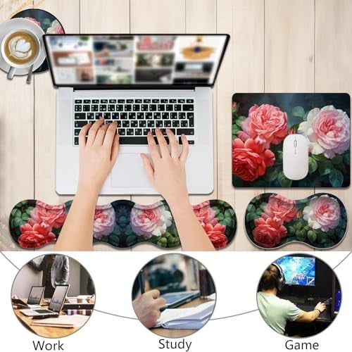 4ü 1 arada Mouse Pad Combo, Oyun Mouse Pad + Klavye Bilek Desteği + Fare Bilek Desteği + Bardak Altlığı, Dikişli Kenarlı Masa Pedi Ergonomik Bilek Pedi Seti, Kırmızı ve Beyaz Şakayık