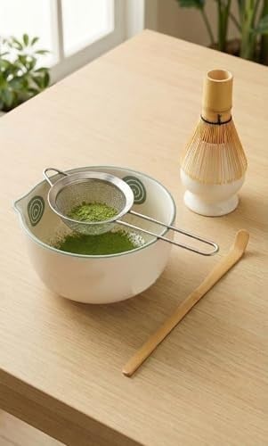 5 Parça Profesyonel Matcha Hazırlama Seti - Çelik Süzgeç, Bambu Çırpıcı, Kase, Tutucu ve Kaşık