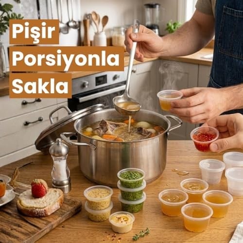 50 Adet Sızdırmaz Mini Saklama Kabı 120 ml – Buzluk Kabı, Et Suyu, Kemik Suyu, Sos ve Püre Saklama Kabı, Kapaklı Küçük Gıda Saklama Kabı, Derin Dondurucu Uyumlu Porsiyonluk Kap Seti
