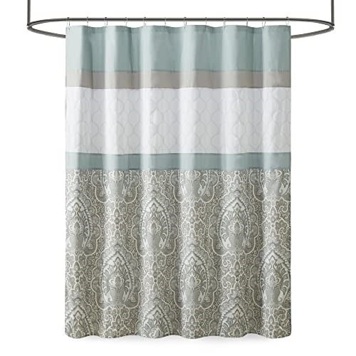 510 DESIGN Duş Perdesi, Dahili Astarlı Geometrik Dokulu Nakış Tasarımı, Modern Orta Yüzyıl Banyo Dekoru, Makinede Yıkanabilir, Kumaş Gizlilik Ekranı 72x72, Shawnee, Deniz Köpüğü
