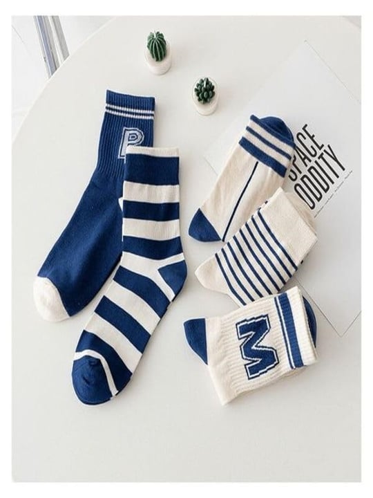 5li Ekonomik Paket Mavi Çizgili Desenli Unisex Soket Çorap Seti Tek Beden