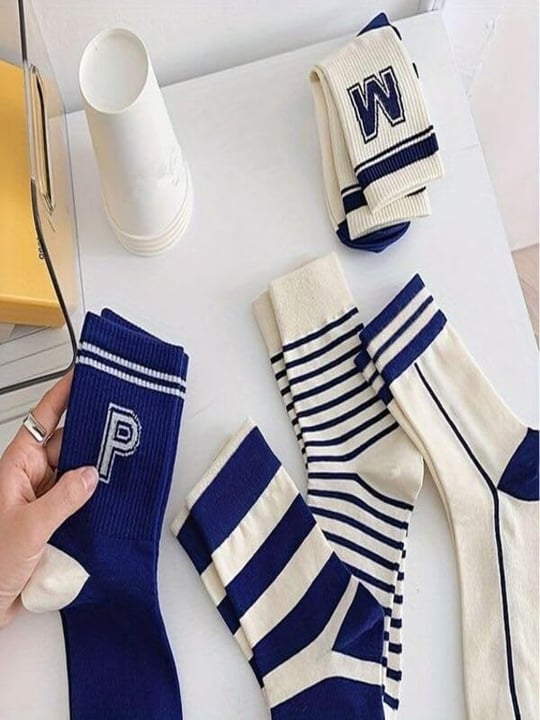 5li Ekonomik Paket Mavi Çizgili Desenli Unisex Soket Çorap Seti Tek Beden