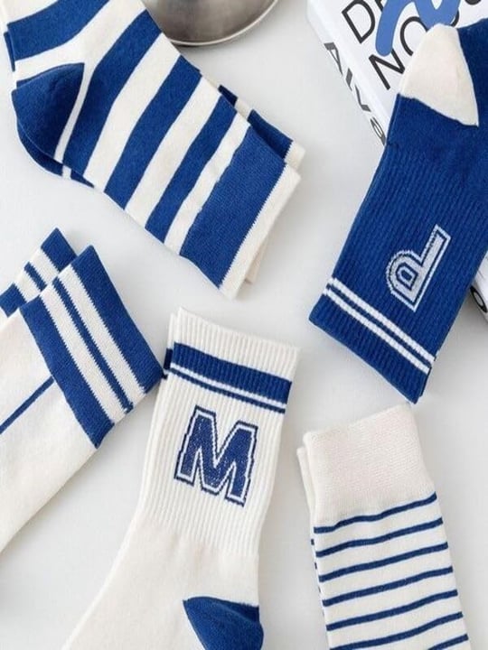5li Ekonomik Paket Mavi Çizgili Desenli Unisex Soket Çorap Seti Tek Beden
