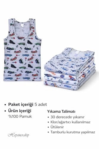 5li Erkek Çocuk Renkli Desenli Atlet%100 Pamuklu