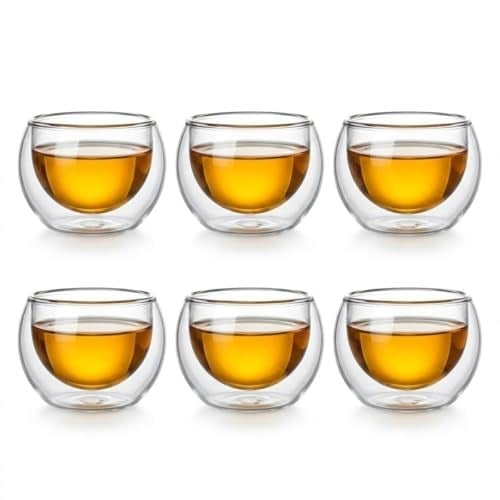 6lı Mini Çift Cidarlı Sosluk Çay Bardağı - Şeffaf Isı Yalıtımlı Cam, 50 ml, 6cm